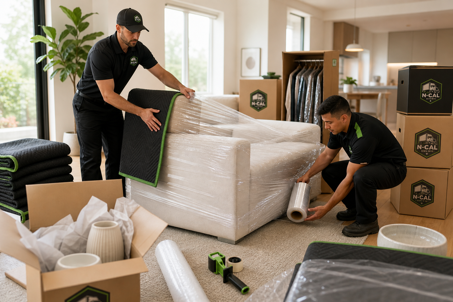 N-Cal Movers packing crew wrapping furniture and boxes
