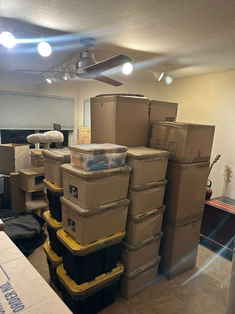 Packed room with boxes and storage bins